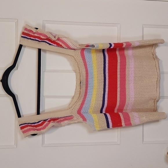 Rails Naomi Ruffle Knit Crochet Tank Top Rainbow Tan Multi Stripe - Picture 12 of 12